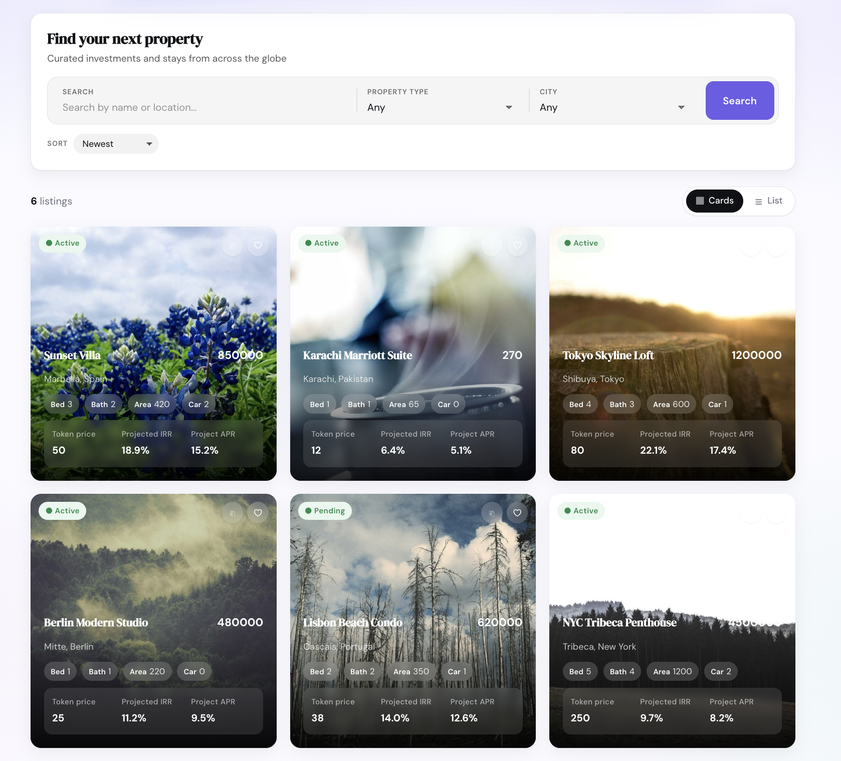GF Directory: a frontend property listings grid built from approved Gravity Forms entries.